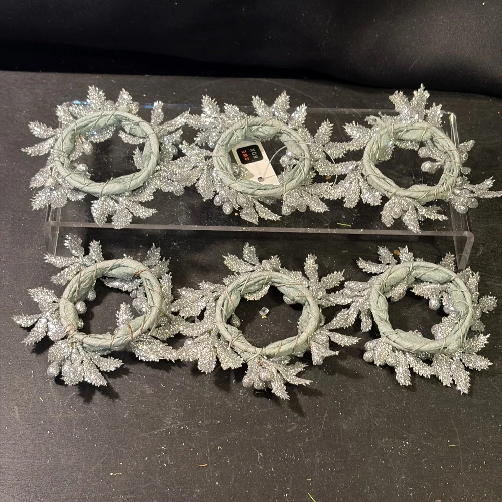 Silver Glitter Berry Leaf Napkin Rings Set of 6 Holiday Christmas Table Decor